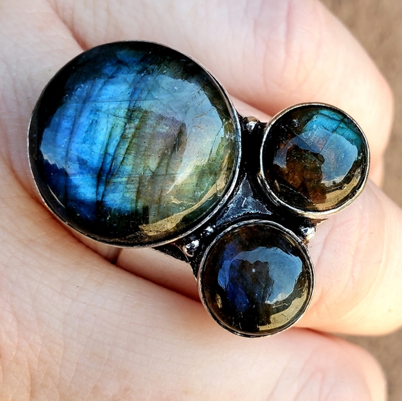 New Triple Labradorite 925 Silver Statement Ring. - Picture 6 of 15